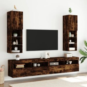 Szafki TV, z LED, 2 szt., przydymiony dąb, 30,5x30x102 cm